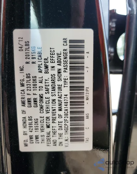 2012 Honda Accord Lx z USA, uszkodzony, nr VIN 1HGCP2F38CA148774